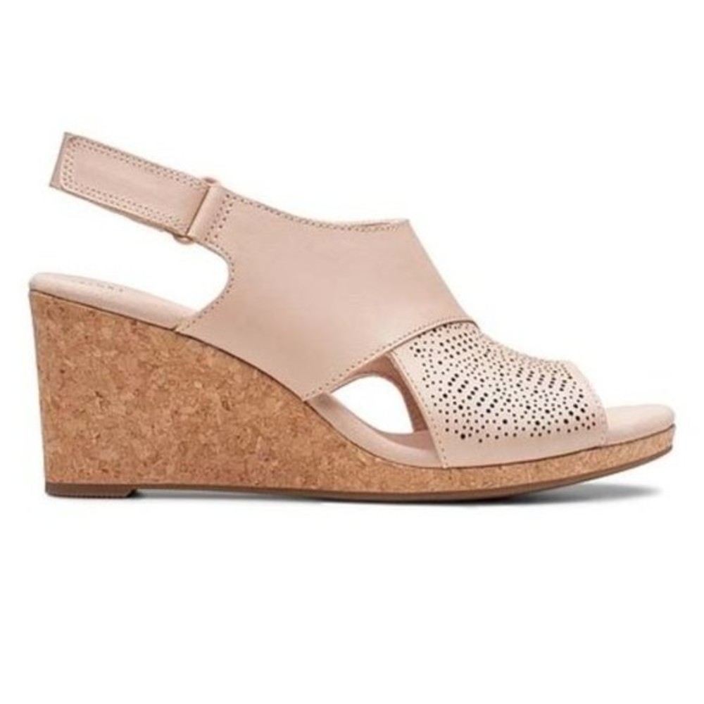 Clarks Womens Size 8.5 Lafley Joy Blush Pink Leather Sandals Wedges Shoes